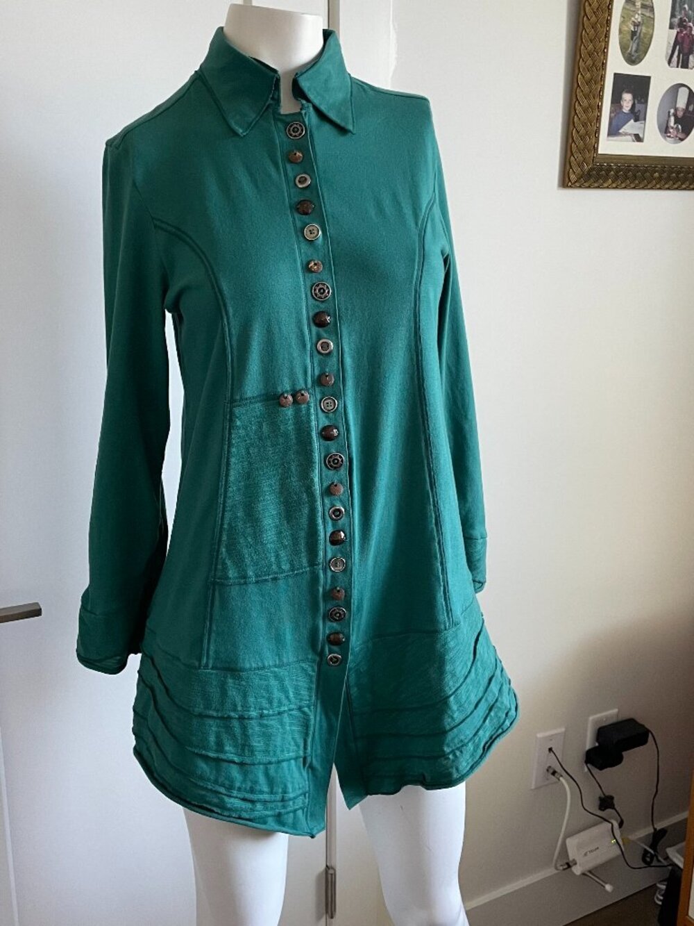 Neon Buddha Boho Tunic Length Lightweight Button Down Cotton Blend Top Green XS